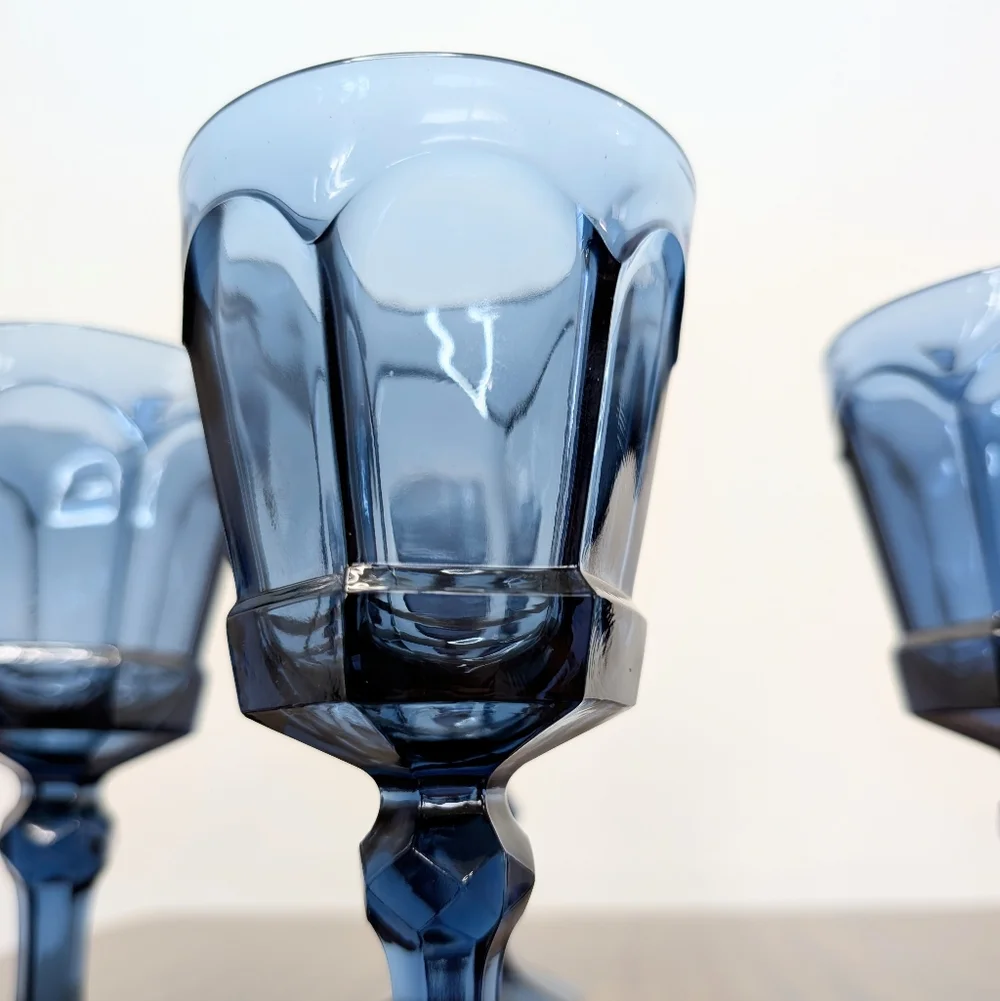 Vintage 80s Dark Blue Virginia Pattern By Fostoria Wine Glasses Set Of 4